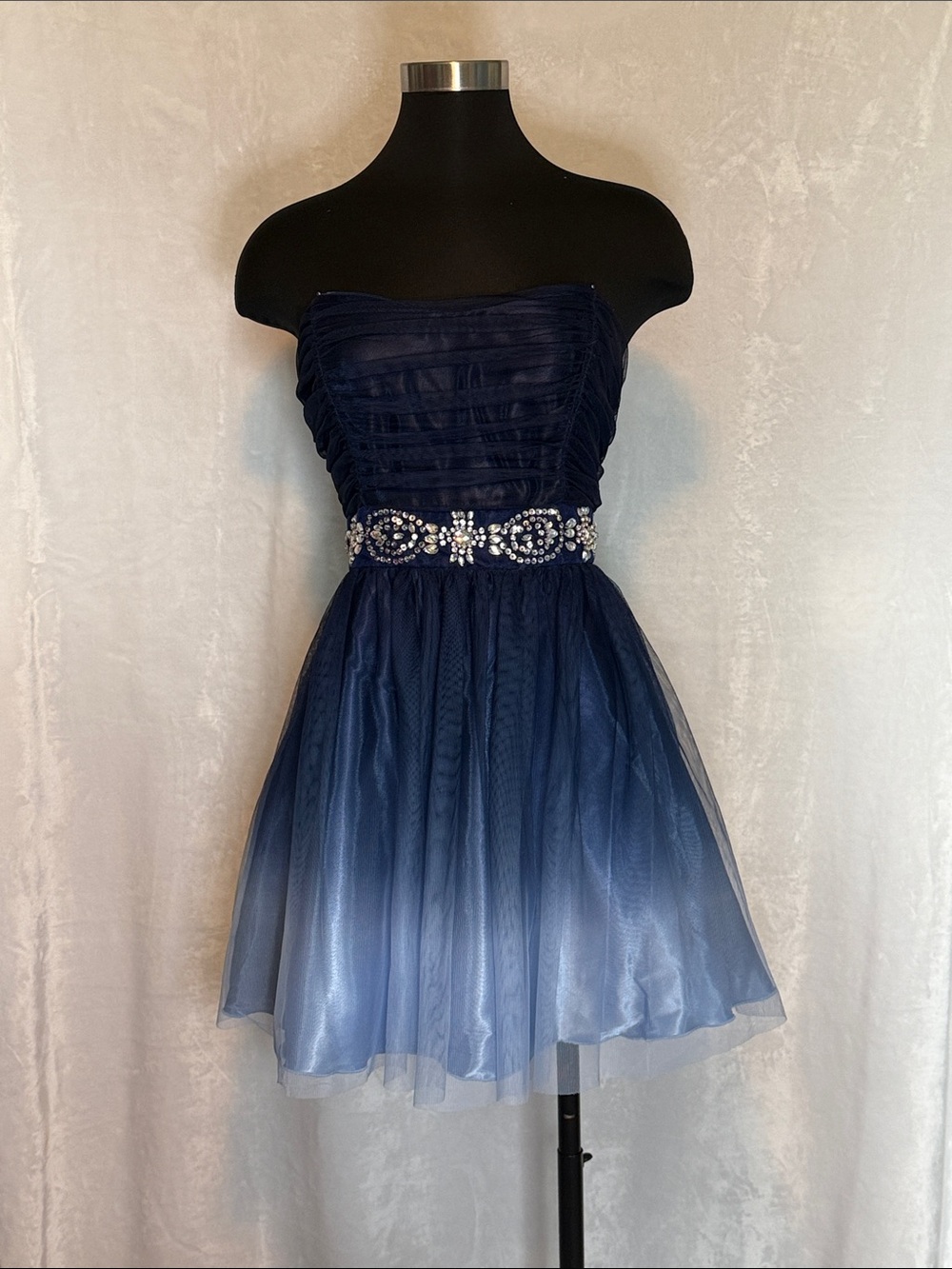 Strapless Navy Blue ombré dress with Beaded Waist